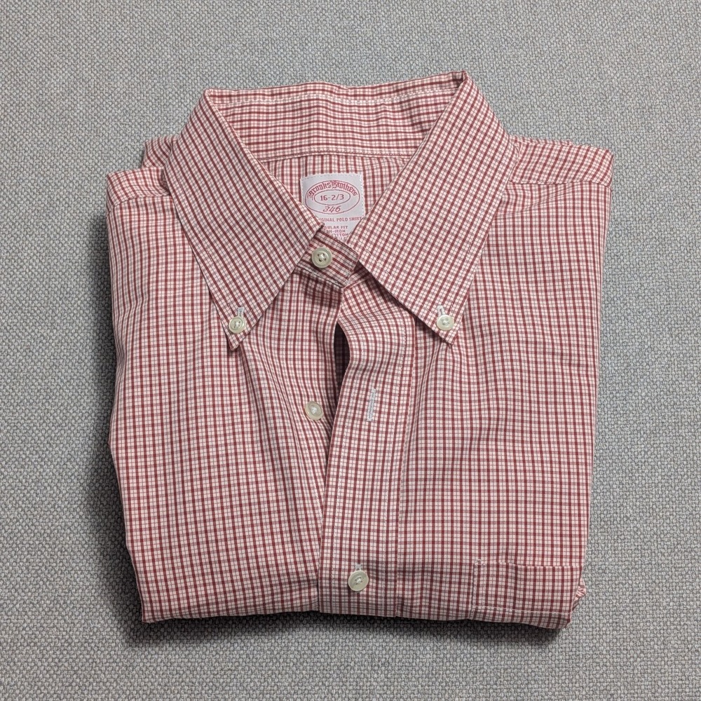 Brooks Brothers 346 Men's Dress Shirt Red White Check 16 2/3 Button Down Collar